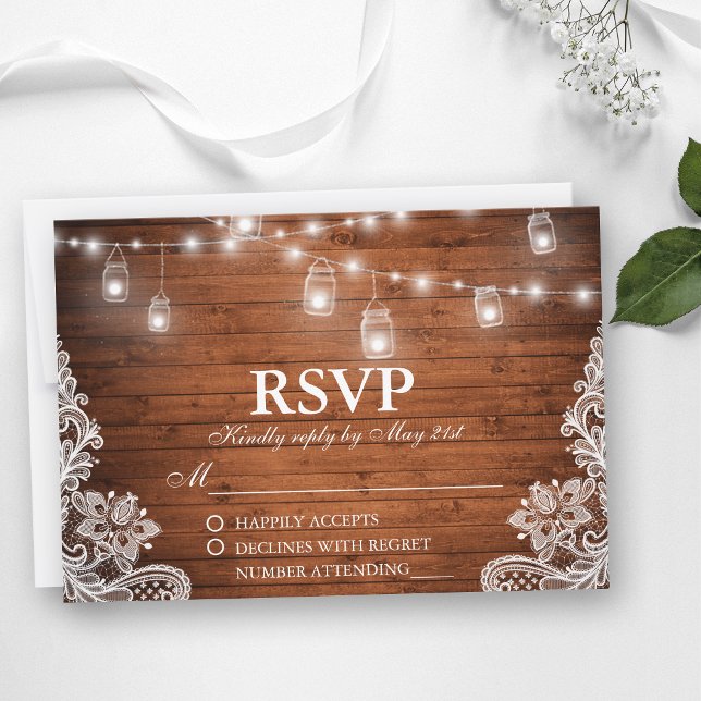Rustic Wedding Wood Jar String Lights Lace RSVP Card (Customize to change text size, text style or to add more text to back of card.)
