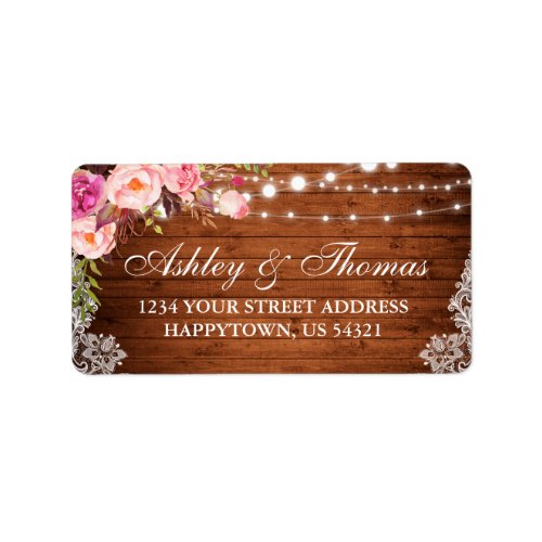 Rustic Wedding Wood Lace Lights Floral Address Label