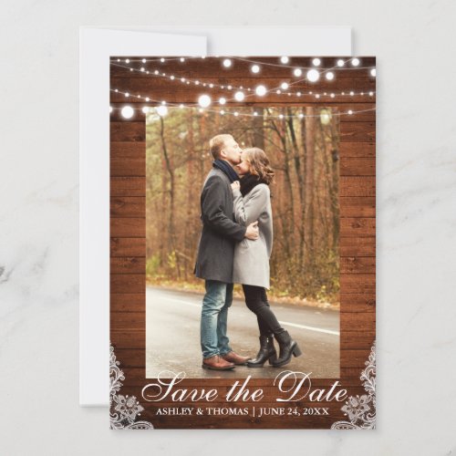 Rustic Wedding Wood Lace Lights Save the Date