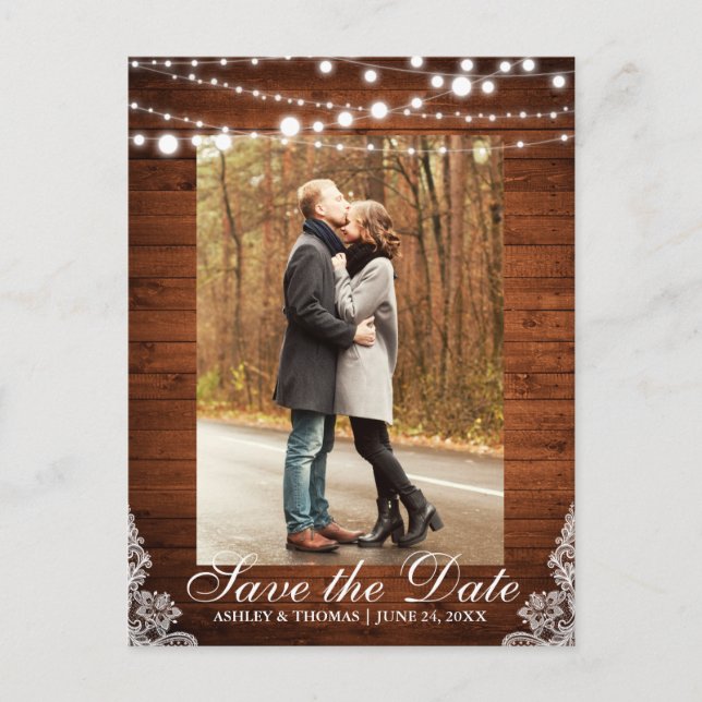 Rustic Wedding Wood Lace Lights Save the Date Announcement Postcard (Front)