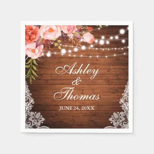 Rustic Wedding Wood Lights Coral Floral Lace Napkins
