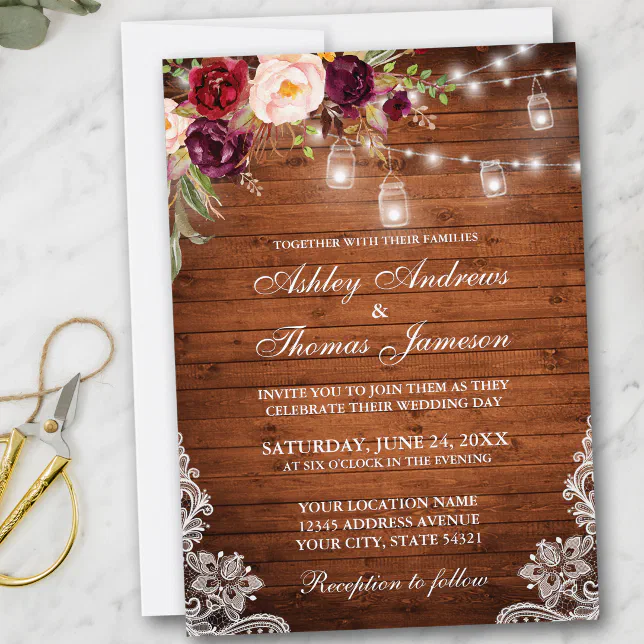 Rustic Wedding Wood Lights Jars Lace Floral Invitation Zazzle