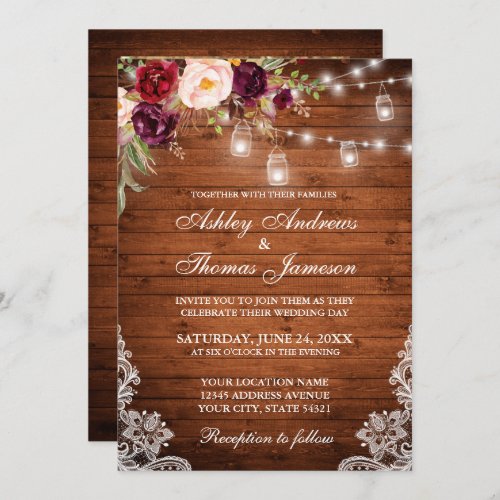 Rustic Wedding Wood Lights Jars Lace Floral Photo Invitation