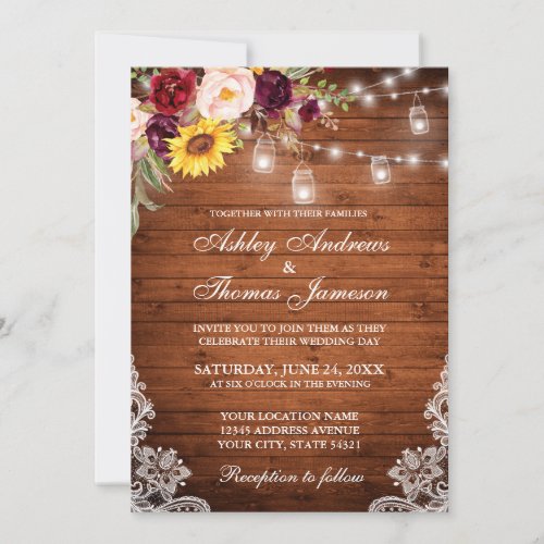 Rustic Wedding Wood Lights Jars Lace Mixed Floral Invitation