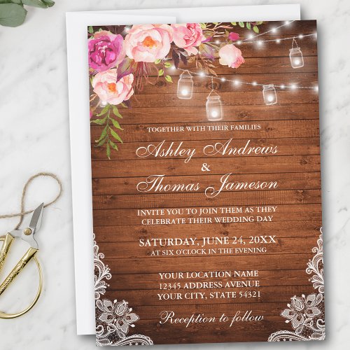 Rustic Wedding Wood Lights Jars Lace Pink Floral Invitation