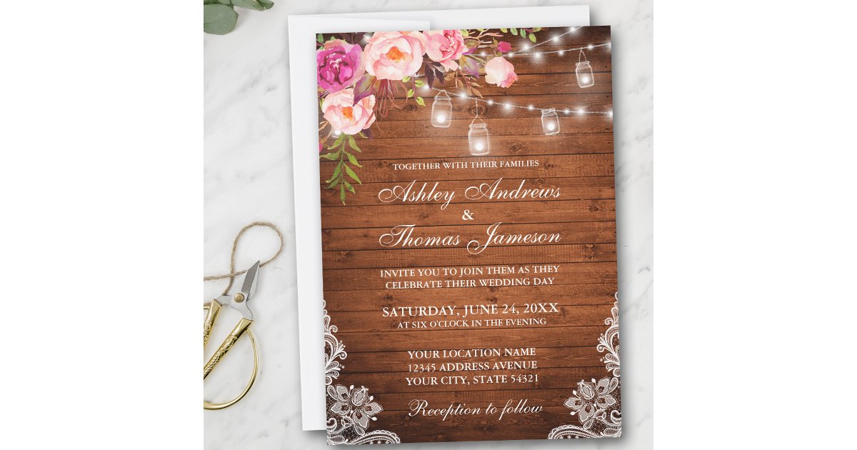 Rustic Wedding Wood Lights Jars Lace Pink Floral Invitation | Zazzle