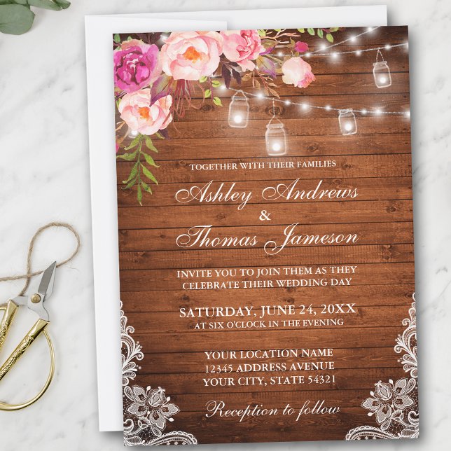 Rustic Wedding Wood Lights Jars Lace Pink Floral Invitation (Customize to add more text or photos to back of card.)