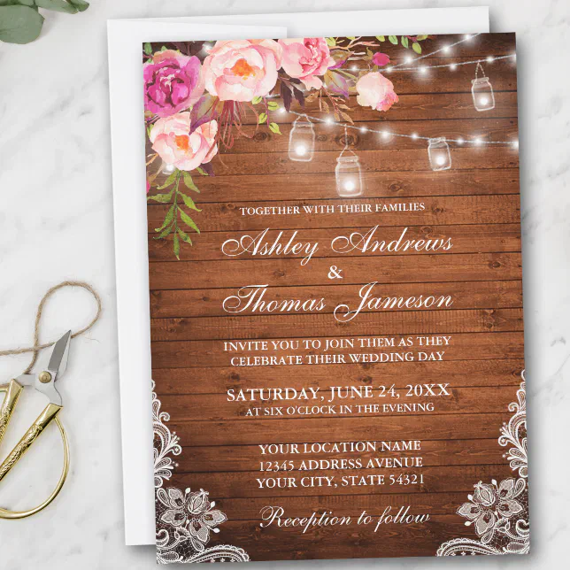 Rustic Wedding Wood Lights Jars Lace Pink Floral Invitation | Zazzle