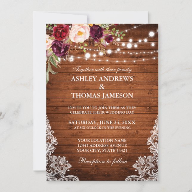 Rustic Wedding Wood Lights Lace Burgundy Floral Invitation (Front)