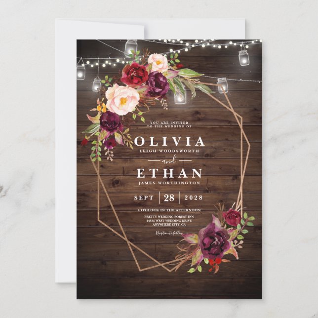 Rustic Wedding Wood Lights Lace Burgundy Floral Invitation (Front)