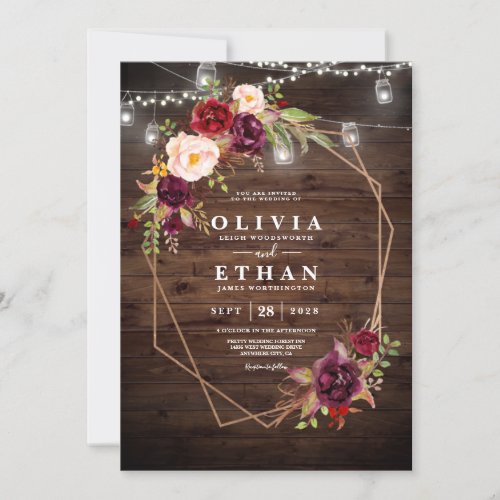 Rustic Wedding Wood Lights Lace Burgundy Floral Invitation