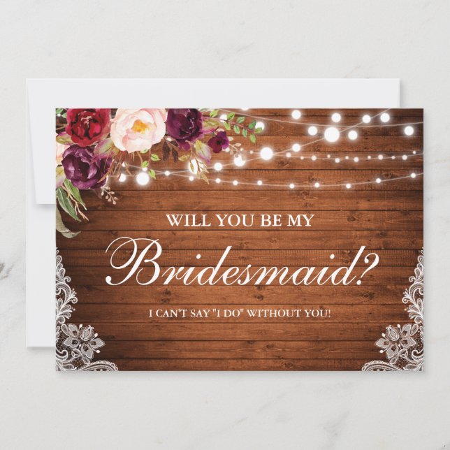 Rustic Wedding Wood Lights Lace Floral Bridesmaid Invitation (Front)