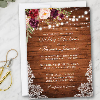 Rustic Wedding Wood Lights Lace Floral Invite by SugarandSpicePaperCo at Zazzle
