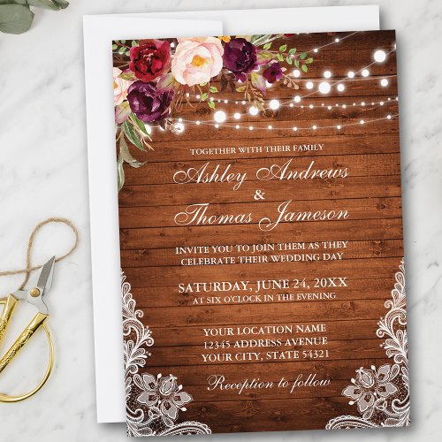 Rustic Wedding Wood Lights Lace Floral Invite