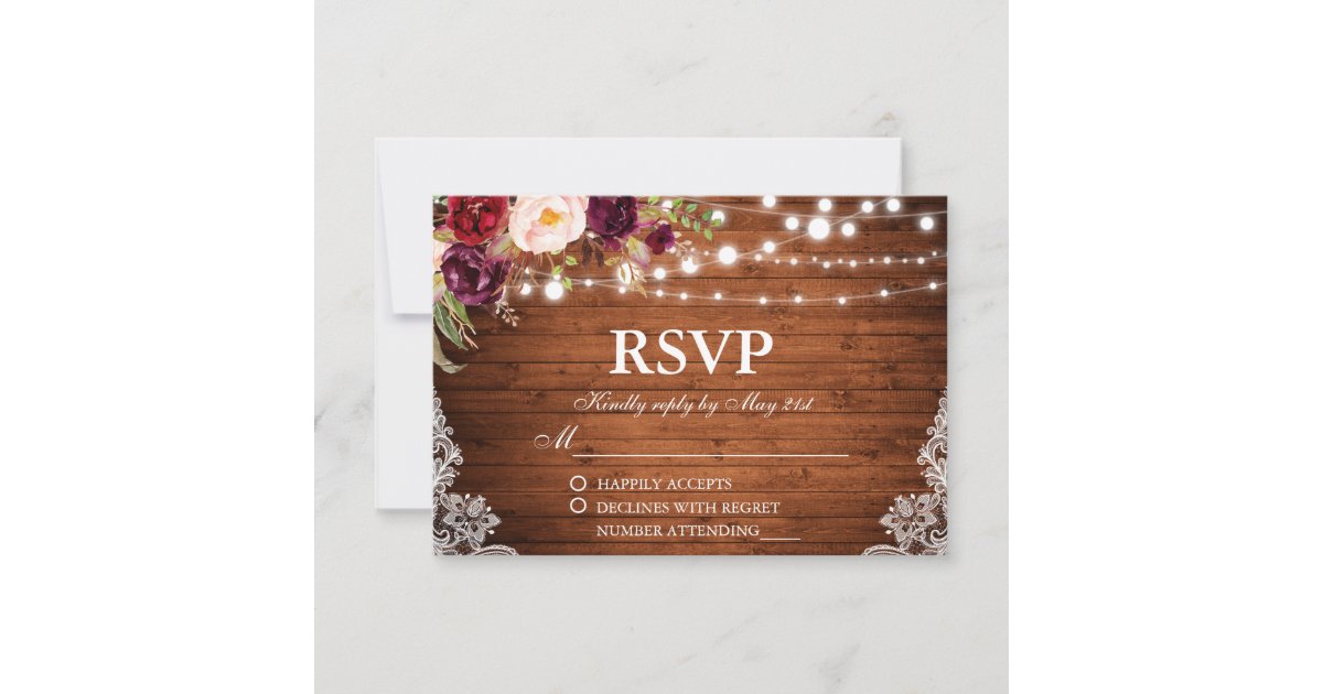 Rustic Wedding Wood Lights Lace Floral RSVP Card | Zazzle