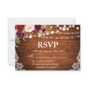 Rustic Wedding Wood Lights Lace Floral RSVP Card