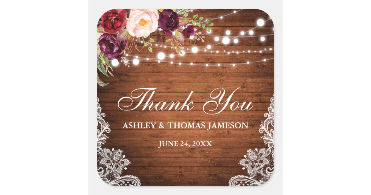 Rustic Wedding Wood Lights Lace Floral Thank You B Square Sticker | Zazzle