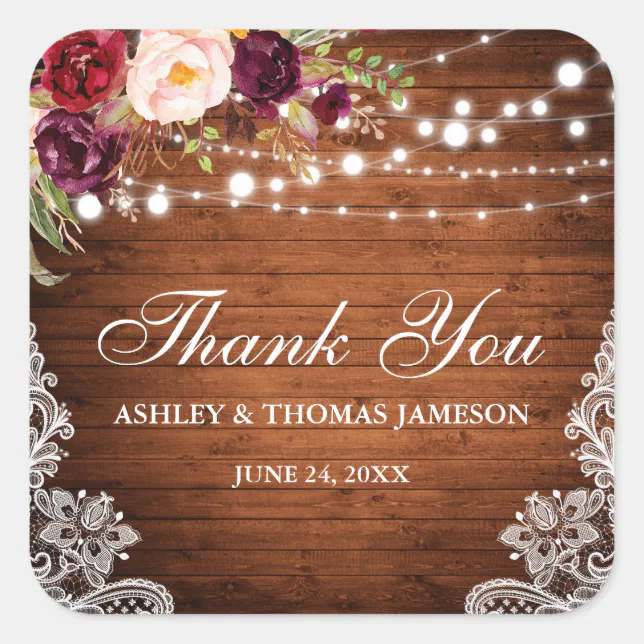Rustic Wedding Wood Lights Lace Floral Thank You B Square Sticker | Zazzle