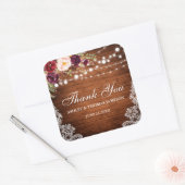 Rustic Wedding Wood Lights Lace Floral Thank You B Square Sticker | Zazzle