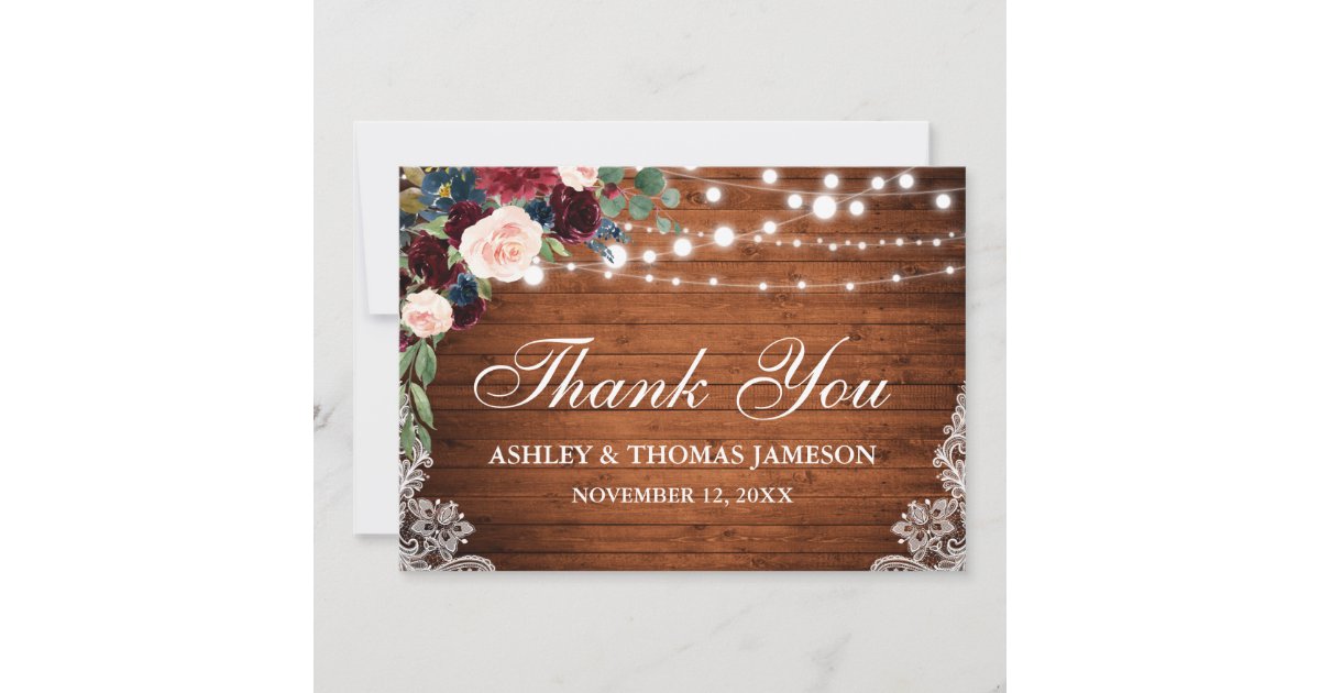 Rustic Wedding Wood Lights Lace Floral Thank You Card | Zazzle