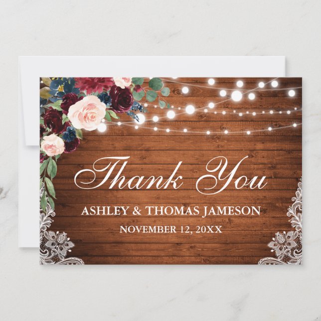 Rustic Wedding Wood Lights Lace Floral Thank You Card (Front)