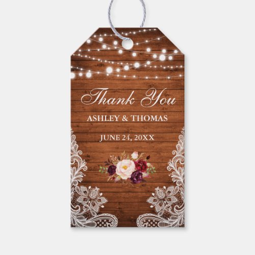 Rustic Wedding Wood Lights Lace Floral Thank You Gift Tags