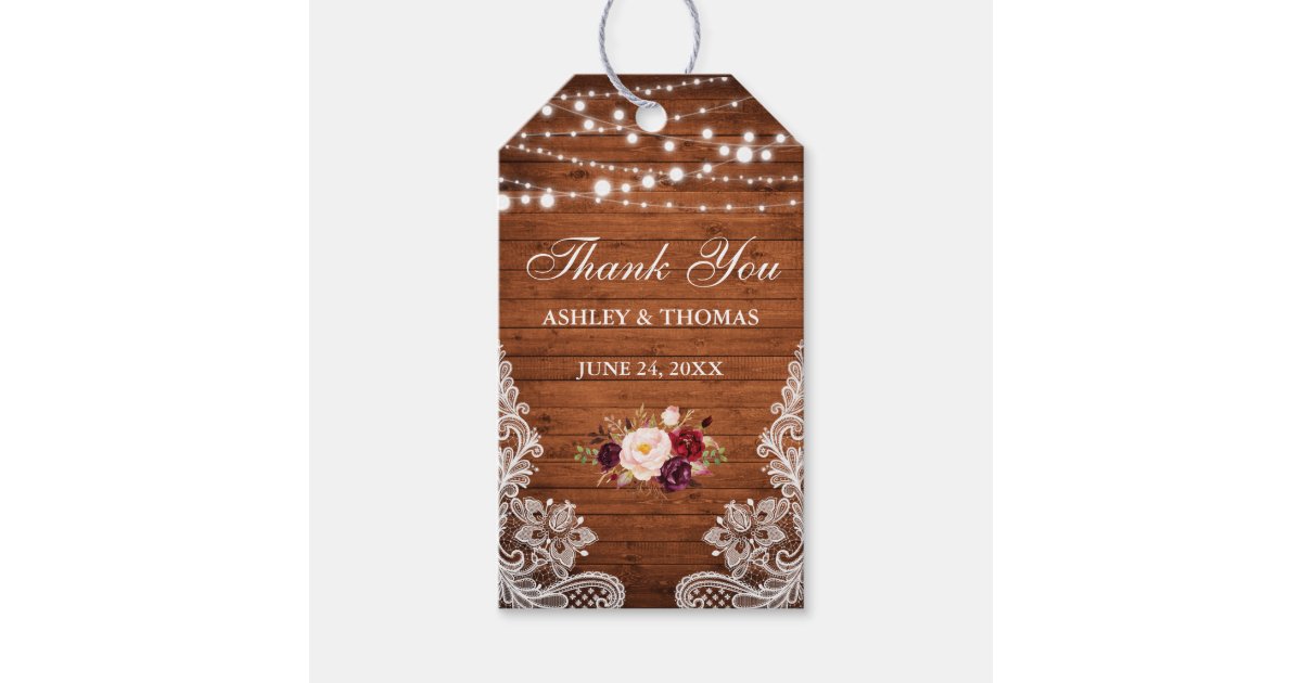 Rustic Wedding Wood Lights Lace Floral Thank You Gift Tags | Zazzle
