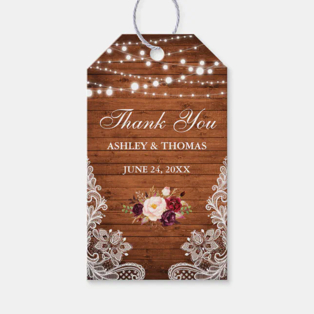 Rustic Wedding Wood Lights Lace Floral Thank You Gift Tags | Zazzle