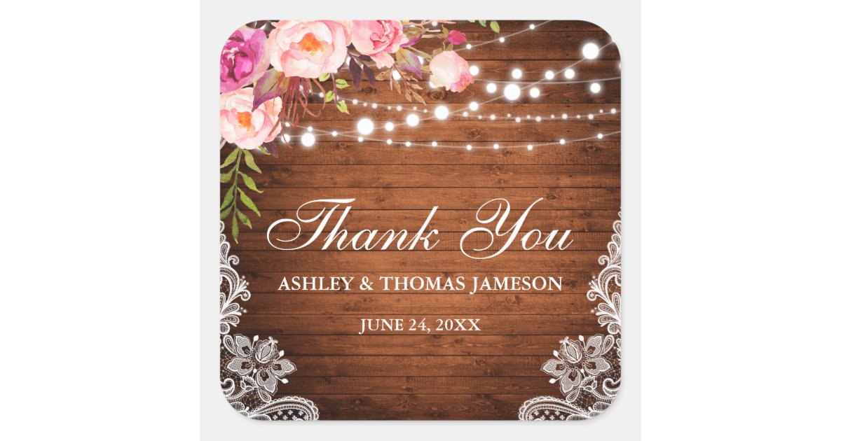 Rustic Wedding Wood Lights Lace Floral Thank You P Square Sticker | Zazzle