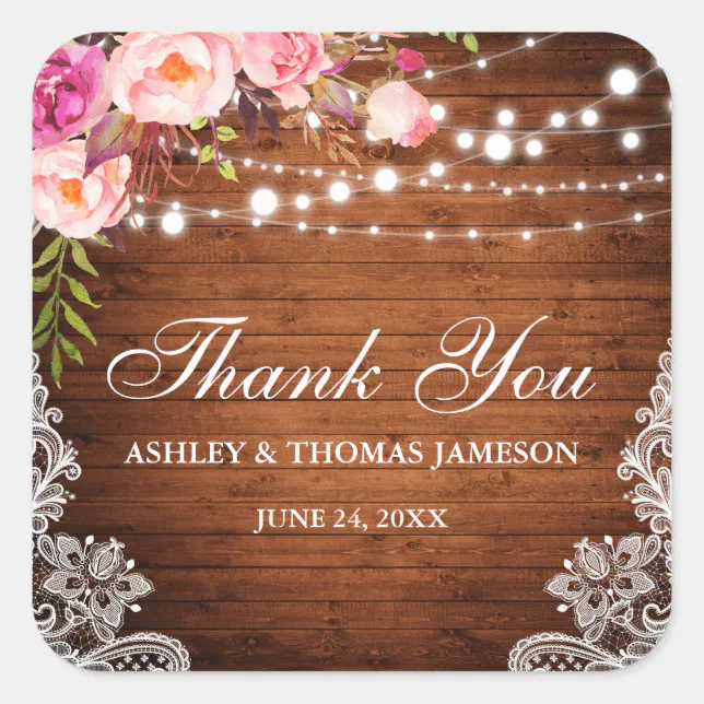 Rustic Wedding Wood Lights Lace Floral Thank You P Square Sticker | Zazzle