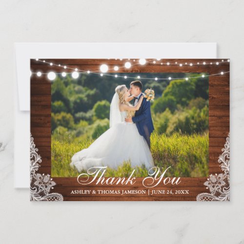 Rustic Wedding Wood Lights Lace Photo Thank You