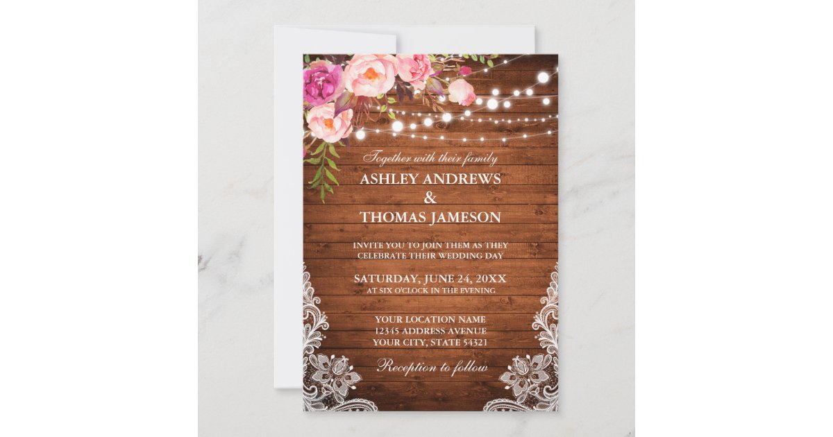 Rustic Wedding Wood Lights Lace Pink Blush Floral Invitation | Zazzle