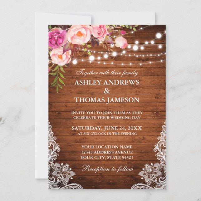 Rustic Wedding Wood Lights Lace Pink Blush Floral Invitation (Front)