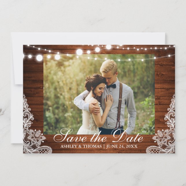 Rustic Wedding Wood Lights Lace Save the Date (Front)