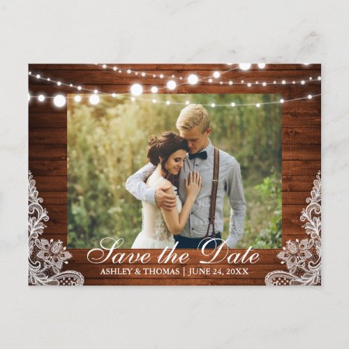 Rustic Wedding Wood Lights Lace Save the Date Announcement Postcard