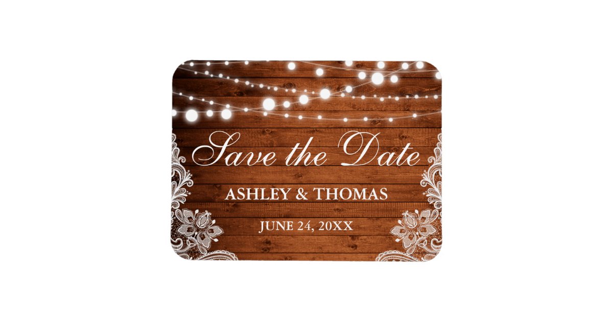 Rustic Wedding Wood Lights Lace Save the Date Magnet | Zazzle