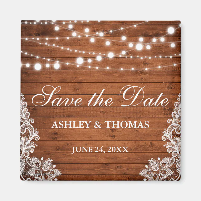 Rustic Wedding Wood Lights Lace Save the Date Sq Magnet | Zazzle
