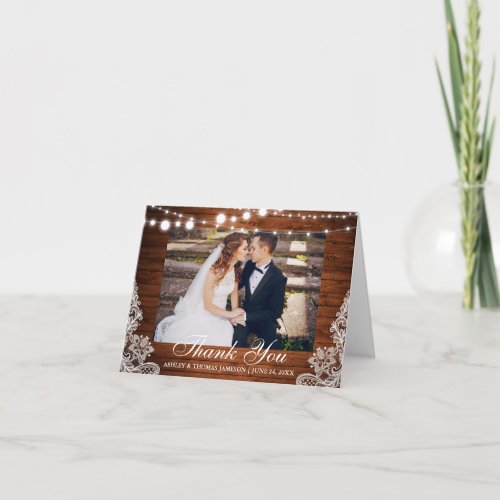 Rustic Wedding Wood Lights Lace Thank You Notecard