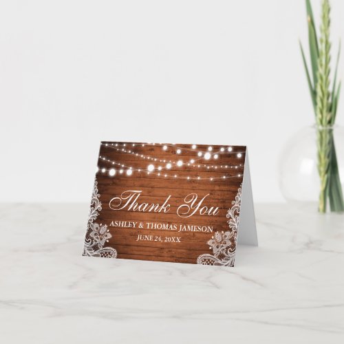 Rustic Wedding Wood Lights Lace Thank You Notecard