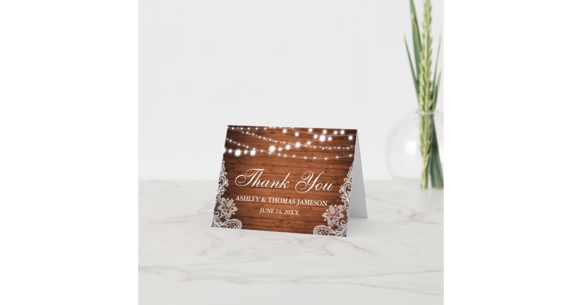 Rustic Wedding Wood Lights Lace Thank You Notecard | Zazzle