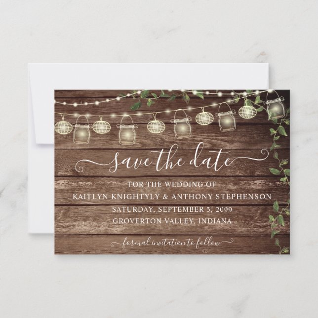 Rustic Wedding Wood Lights Mason Jar Save The Date (Front)