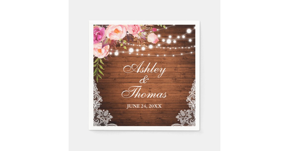 Rustic Wedding Wood Lights Pink Floral Lace Napkins | Zazzle