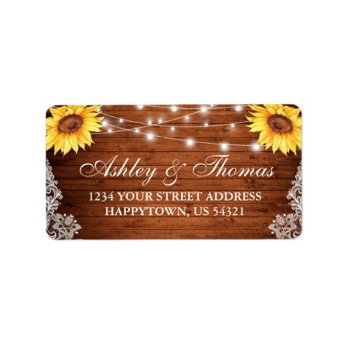 Rustic Wedding Wood Lights Sunflowers Address Label