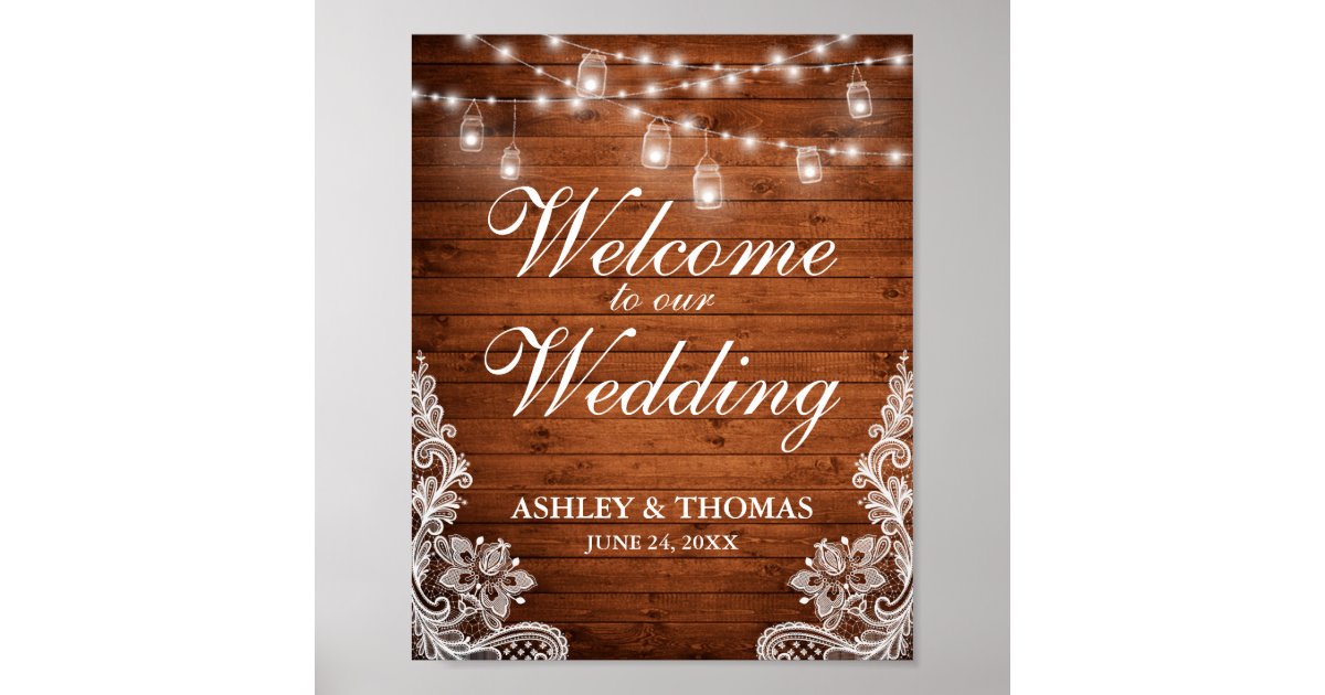Rustic Wedding Wood Mason Jar Lights Lace Poster | Zazzle