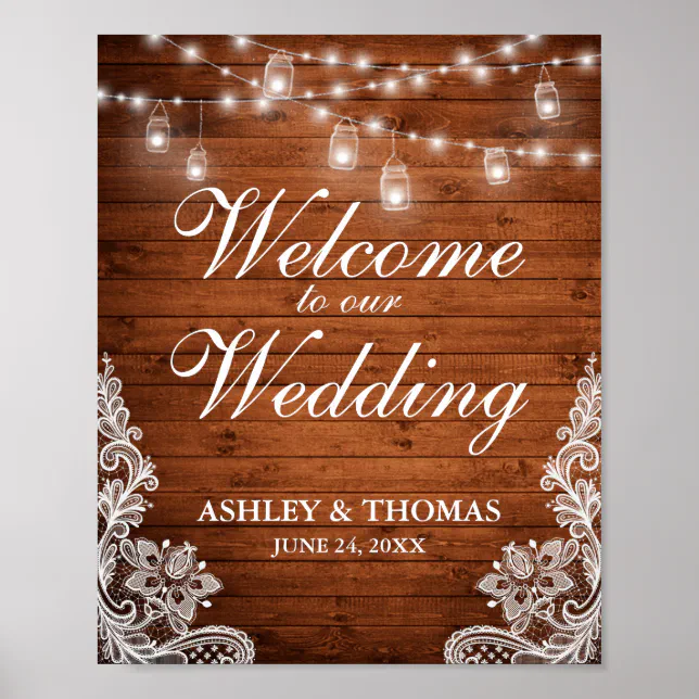 Rustic Wedding Wood Mason Jar Lights Lace Poster | Zazzle