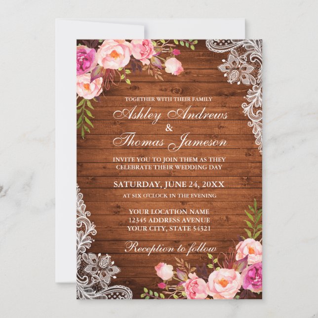 Rustic Wedding Wood Pink Floral Lace Invite (Front)
