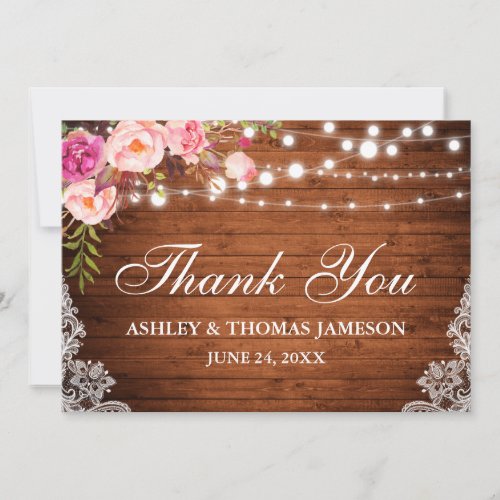 Rustic Wedding Wood Pink Floral Lights Lace Thanks Thank You Card