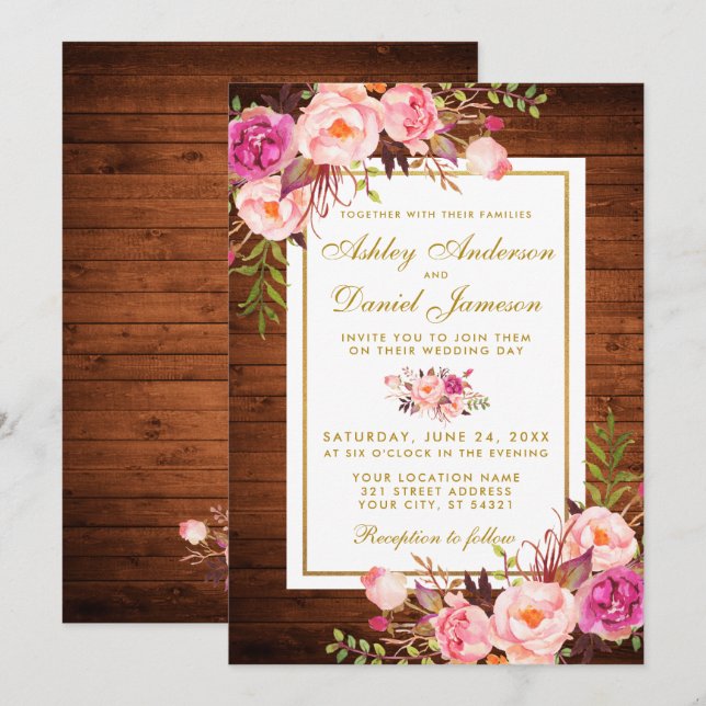 Rustic Wedding Wood Pink Floral Wedding Invite (Front/Back)