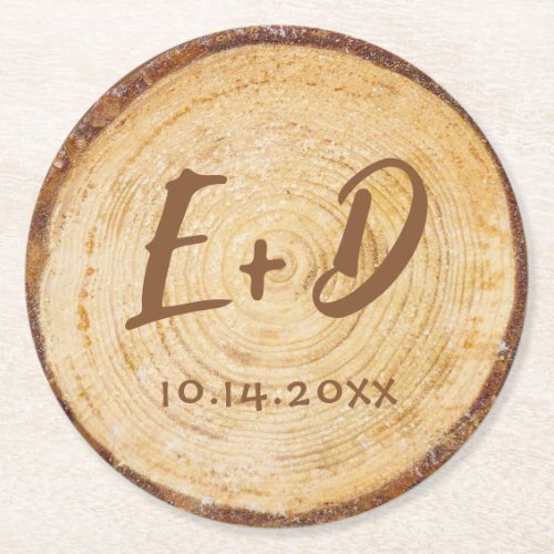 Rustic Wedding Wood Slice Initials Monogram Brown Round Paper Coaster