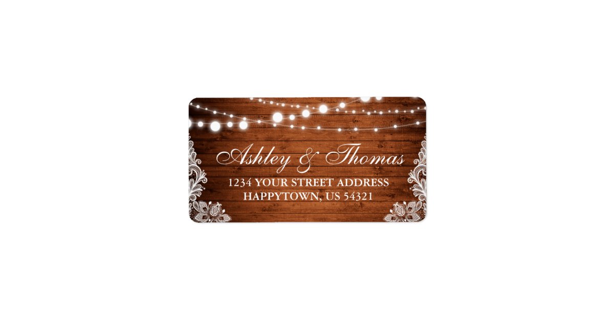 Rustic Wedding Wood String Lights Lace Address Label | Zazzle